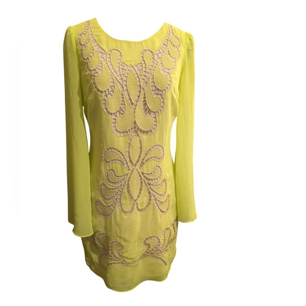 Ark & Co lime green crochet chiffon bell sleeve dress size small‎